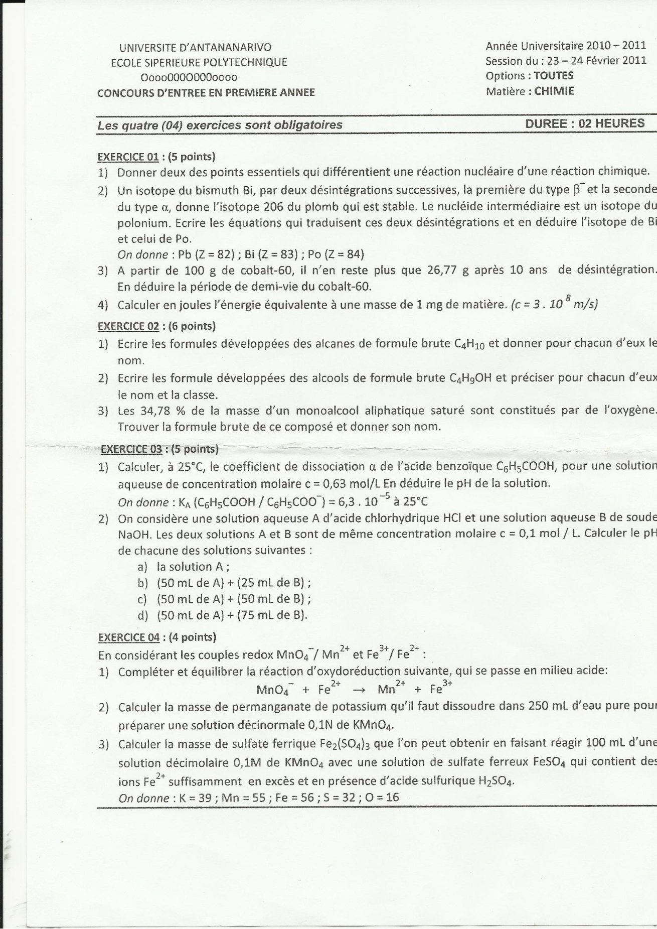 Sujet chimie concours ESPA Polytechnique Antananarivo session 2011