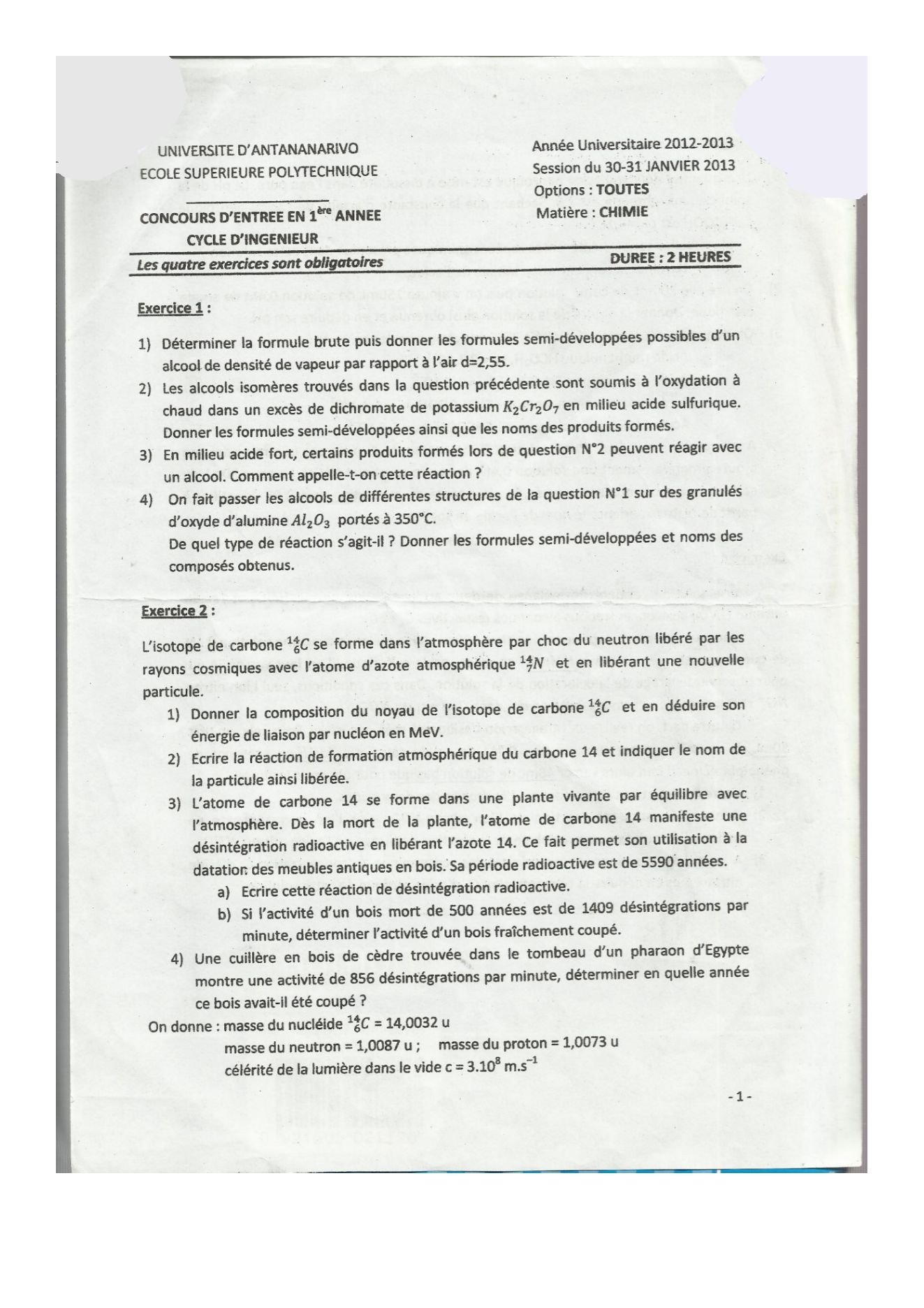 Sujet chimie concours ESPA Polytechnique Antananarivo session 2013 (page 1/2)