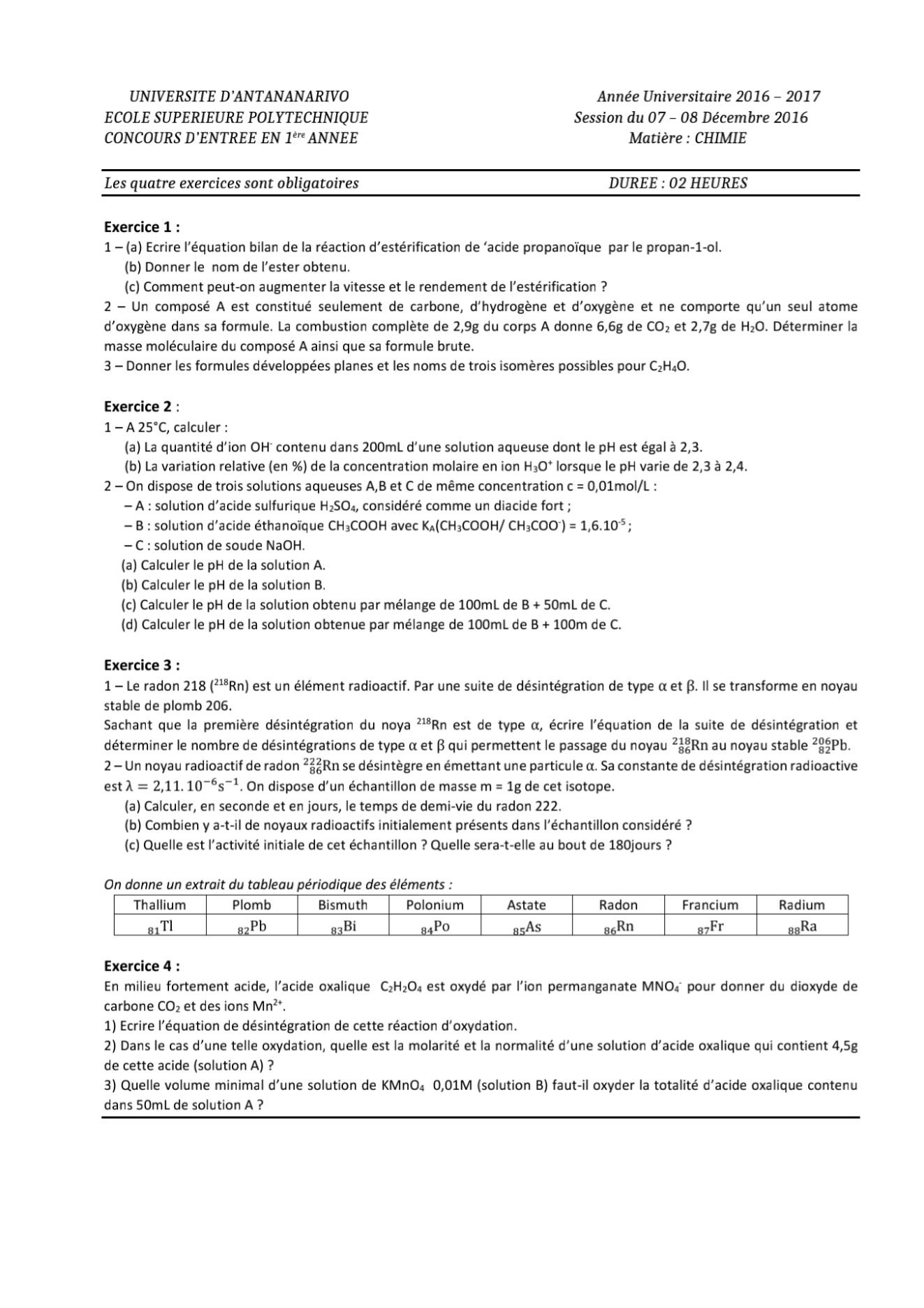 Sujet chimie concours ESPA Polytechnique Antananarivo session 2016