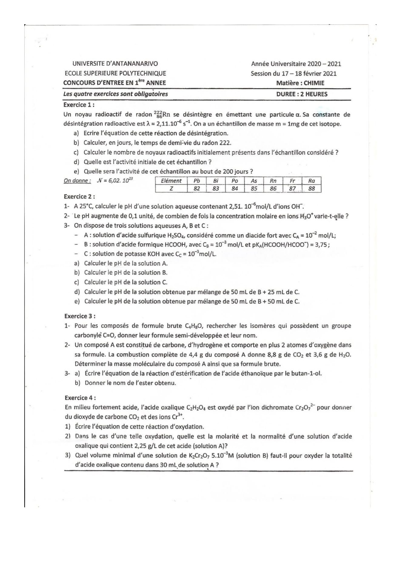 Sujet chimie concours ESPA Polytechnique Antananarivo session 2021
