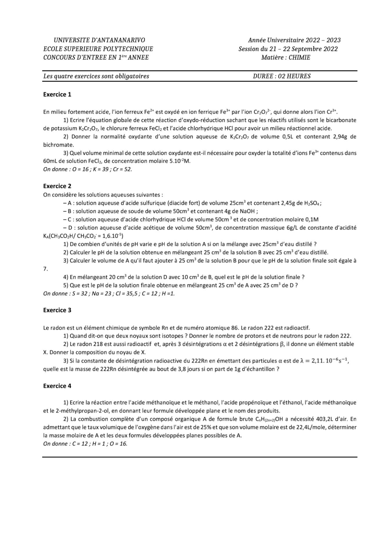 Sujet chimie concours ESPA Polytechnique Antananarivo session 2022