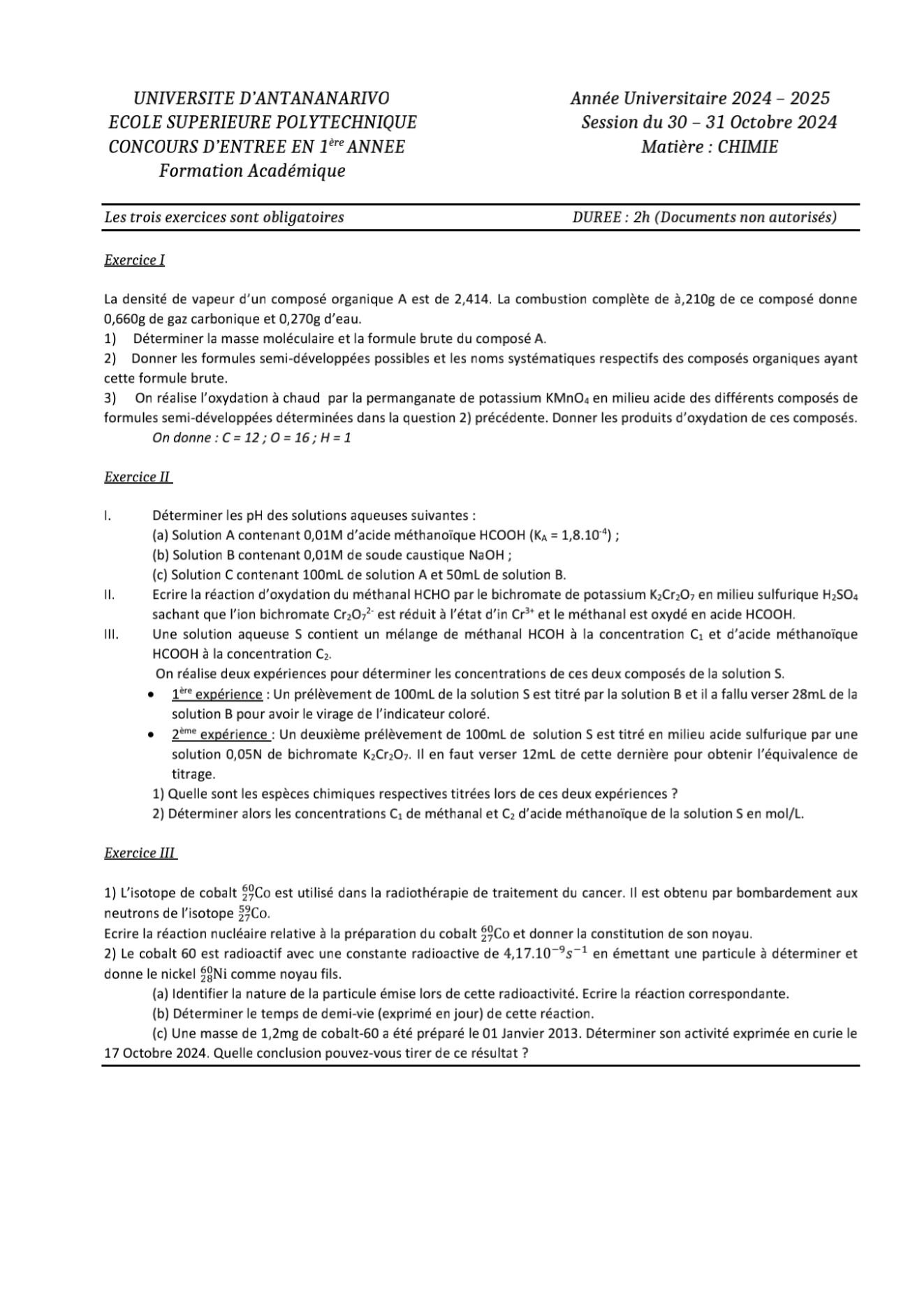 Sujet chimie concours ESPA Polytechnique Antananarivo session 2024