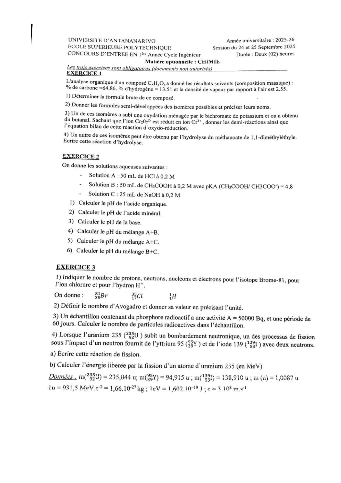 Sujet chimie concours ESPA Polytechnique Antananarivo session 2025
