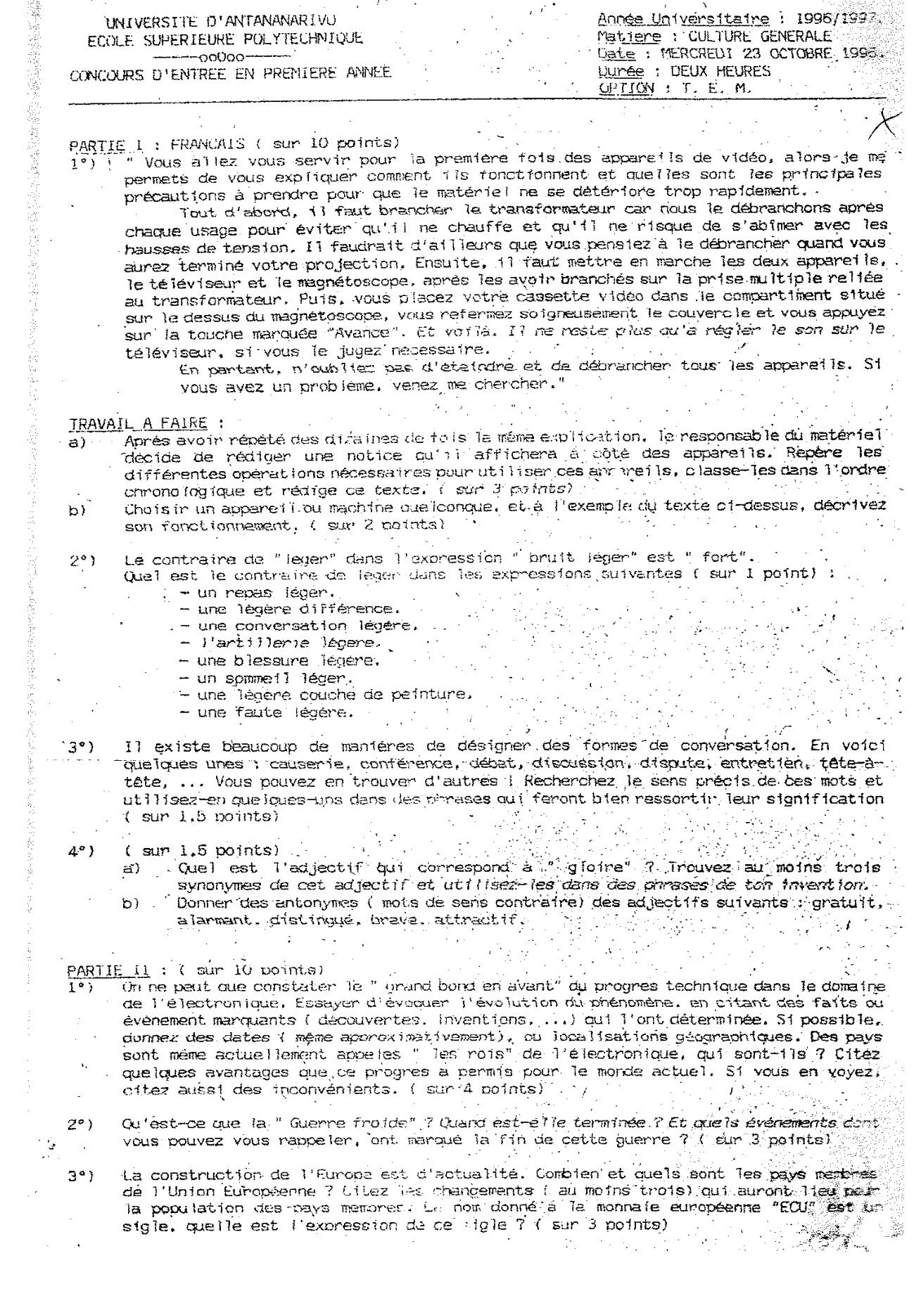 Sujet culture générale concours ESPA Polytechnique Antananarivo session 1996