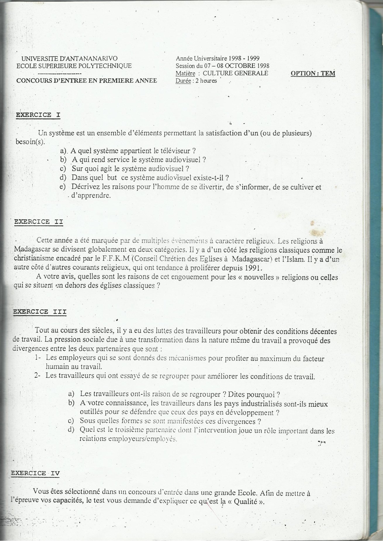 Sujet culture générale concours ESPA Polytechnique Antananarivo session 1998