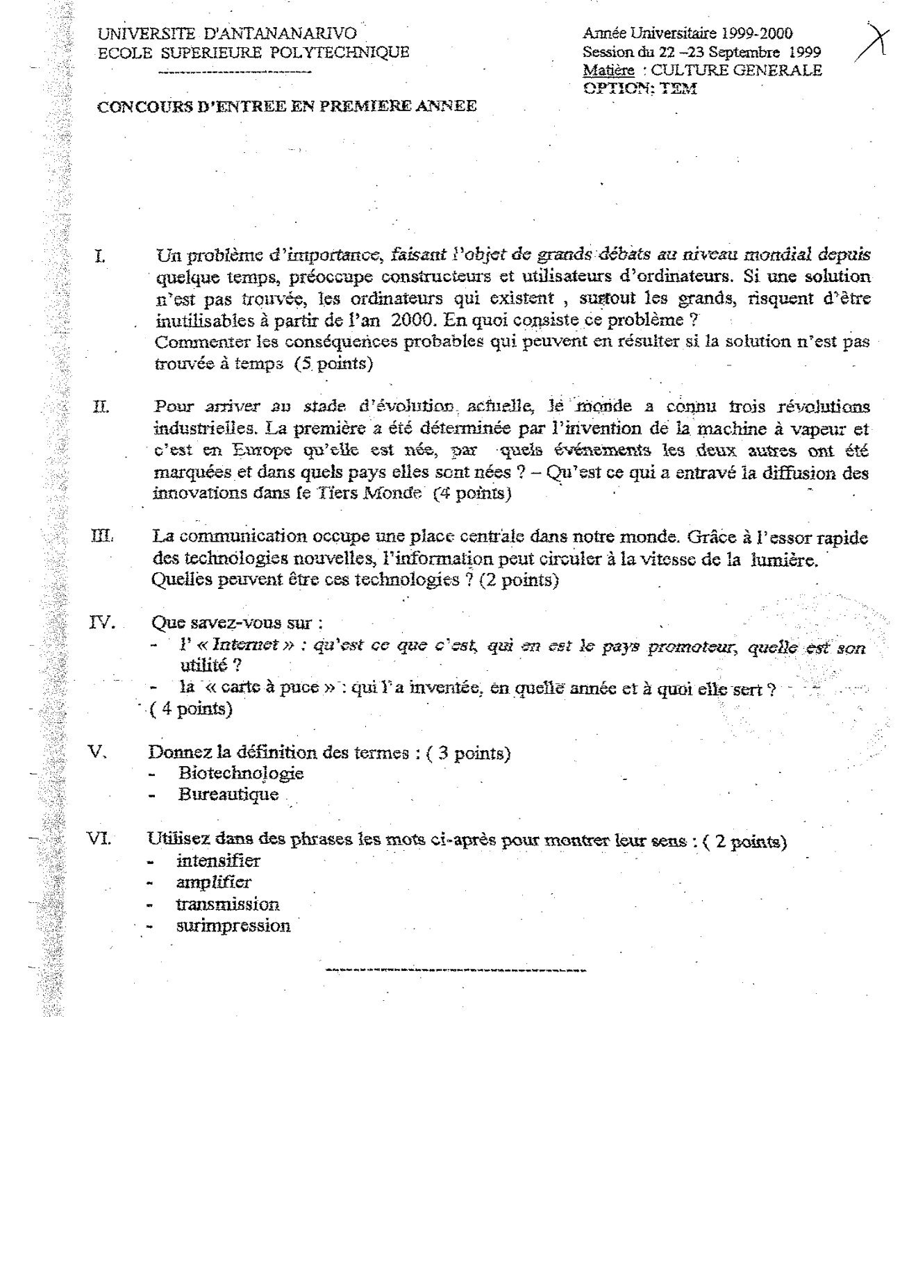 Sujet culture générale concours ESPA Polytechnique Antananarivo session 1999