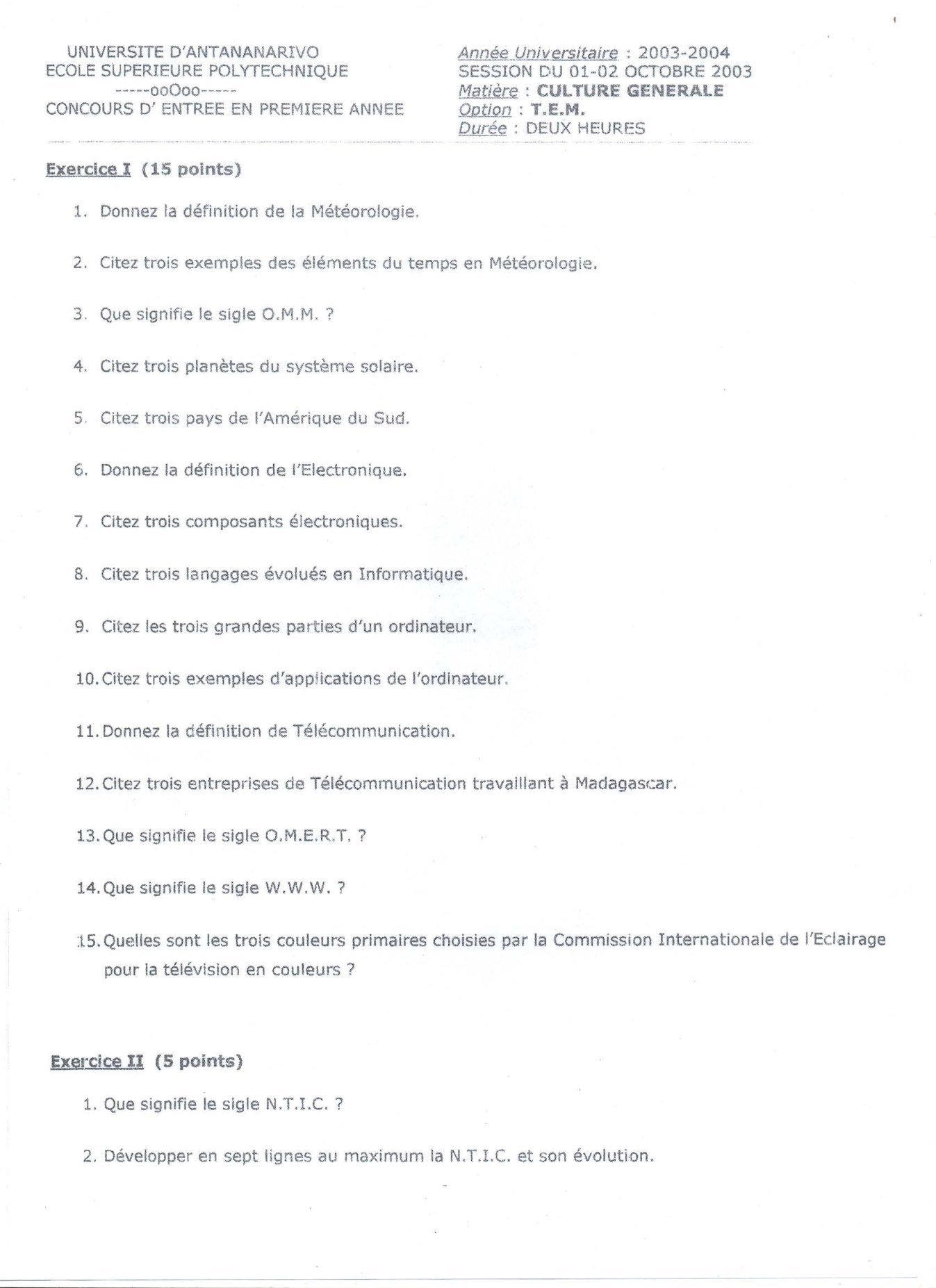 Sujet culture générale concours ESPA Polytechnique Antananarivo session 2003
