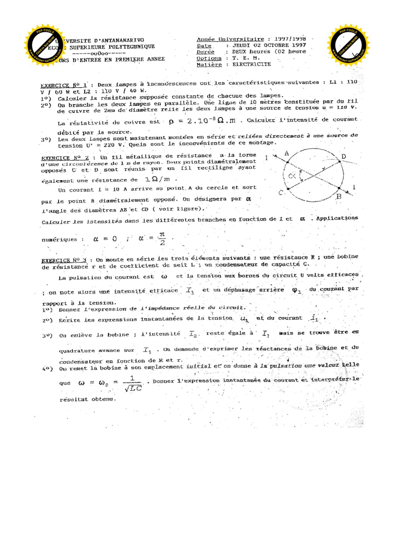 Sujet électricité concours ESPA Polytechnique Antananarivo session 1997