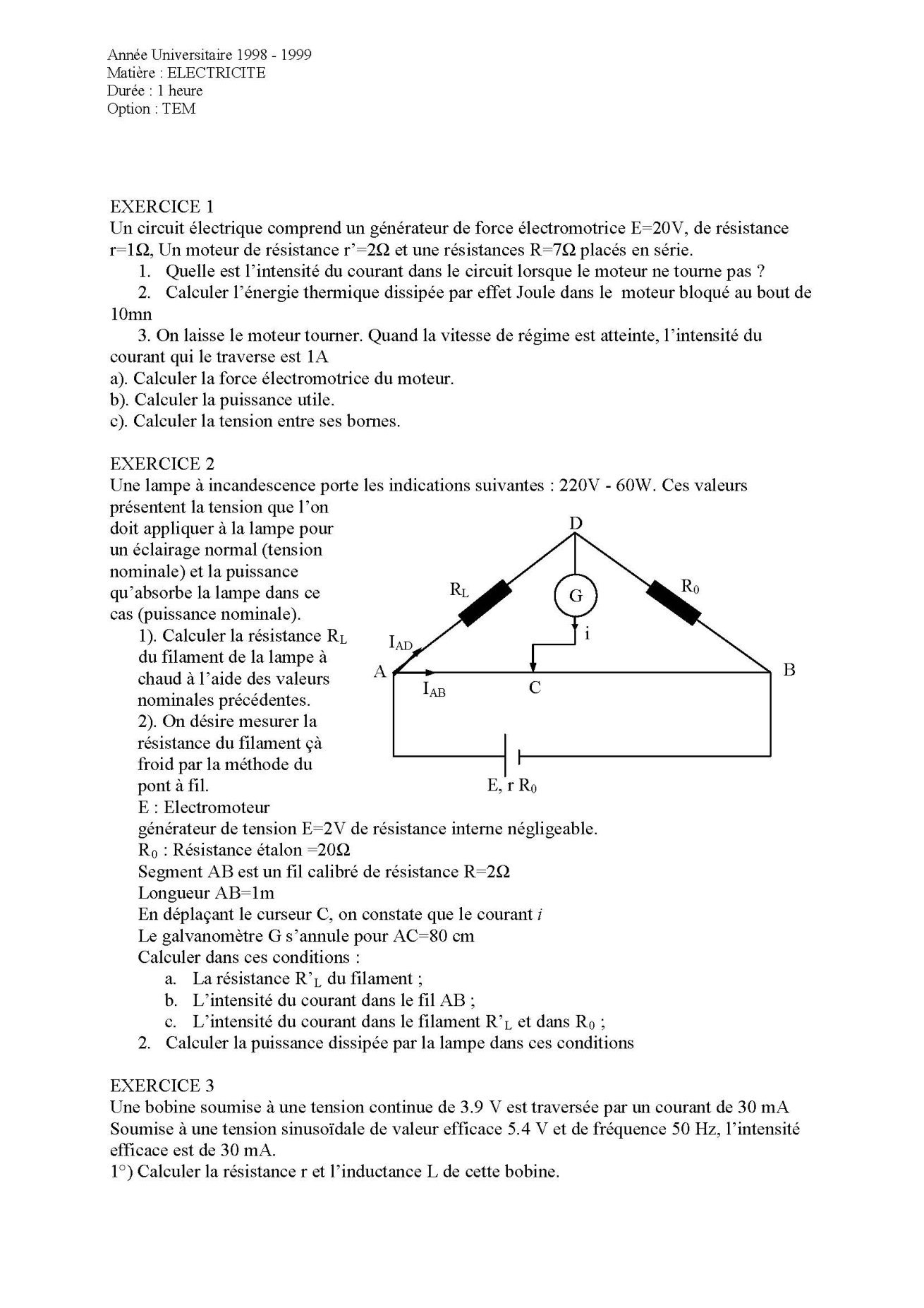Sujet électricité concours ESPA Polytechnique Antananarivo session 1998