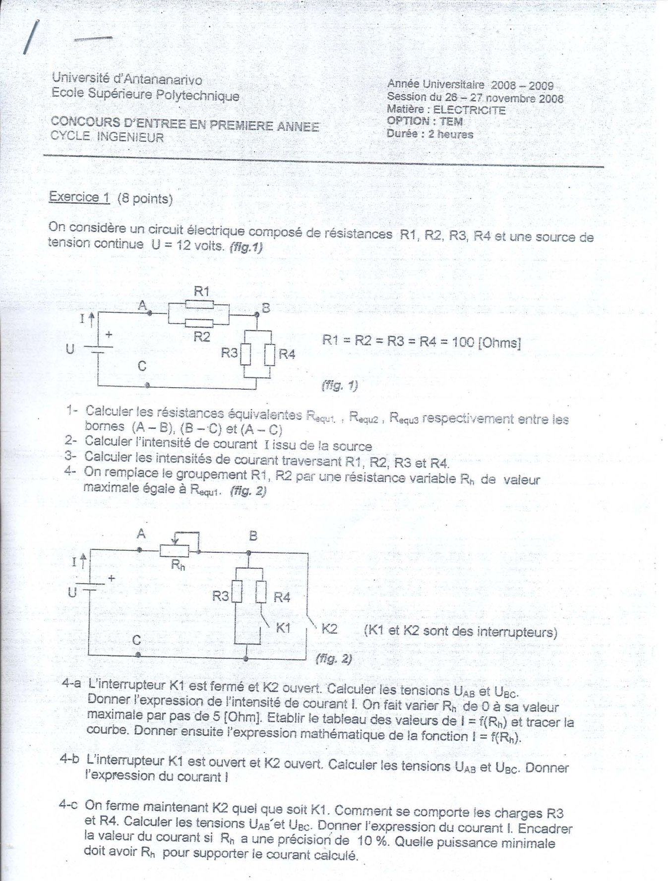 Sujet électricité concours ESPA Polytechnique Antananarivo session 2008