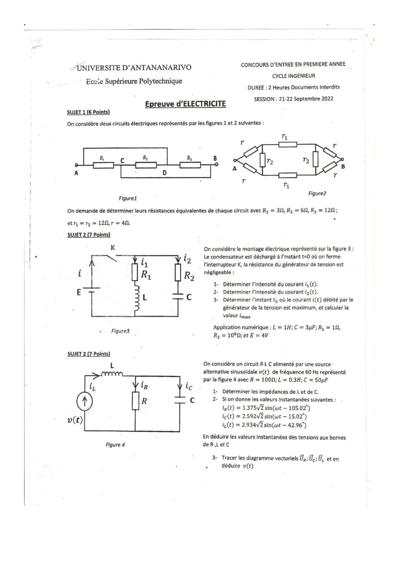 Sujet électricité concours ESPA Polytechnique Antananarivo session 2022