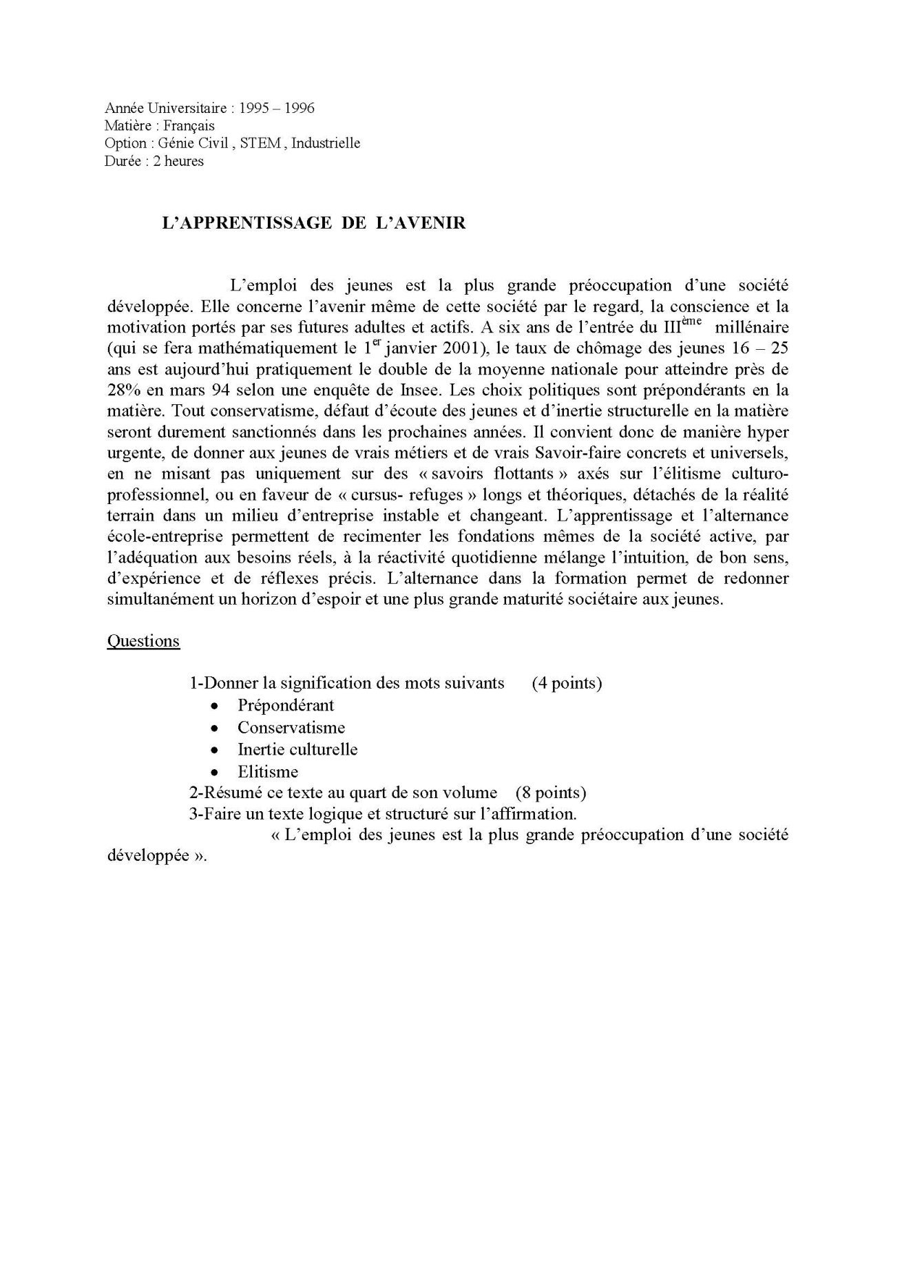 Sujet français concours ESPA Polytechnique Antananarivo session 1995