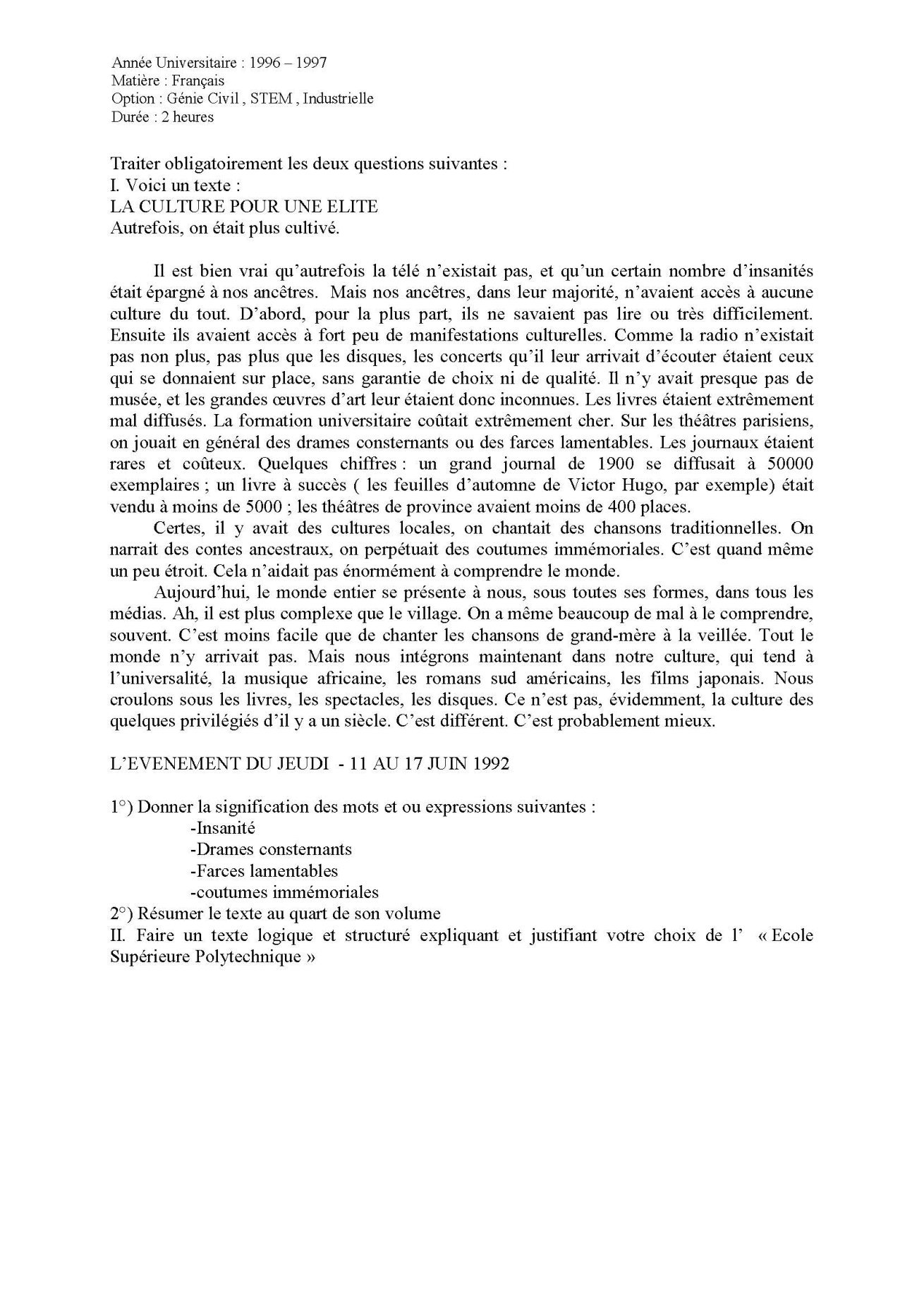 Sujet français concours ESPA Polytechnique Antananarivo session 1996