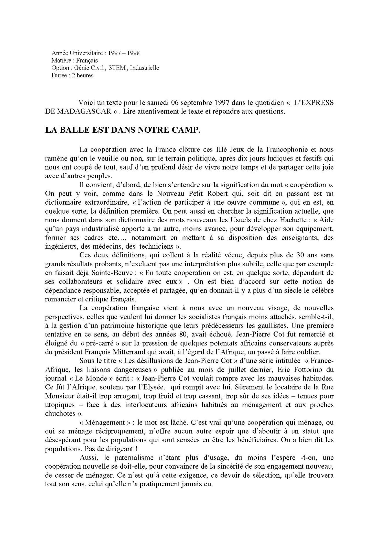 Sujet français concours ESPA Polytechnique Antananarivo session 1997