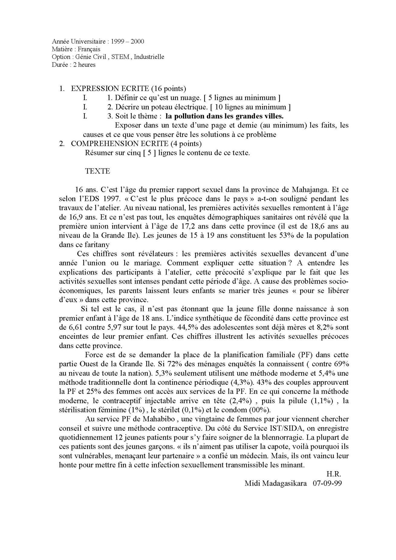 Sujet français concours ESPA Polytechnique Antananarivo session 1999