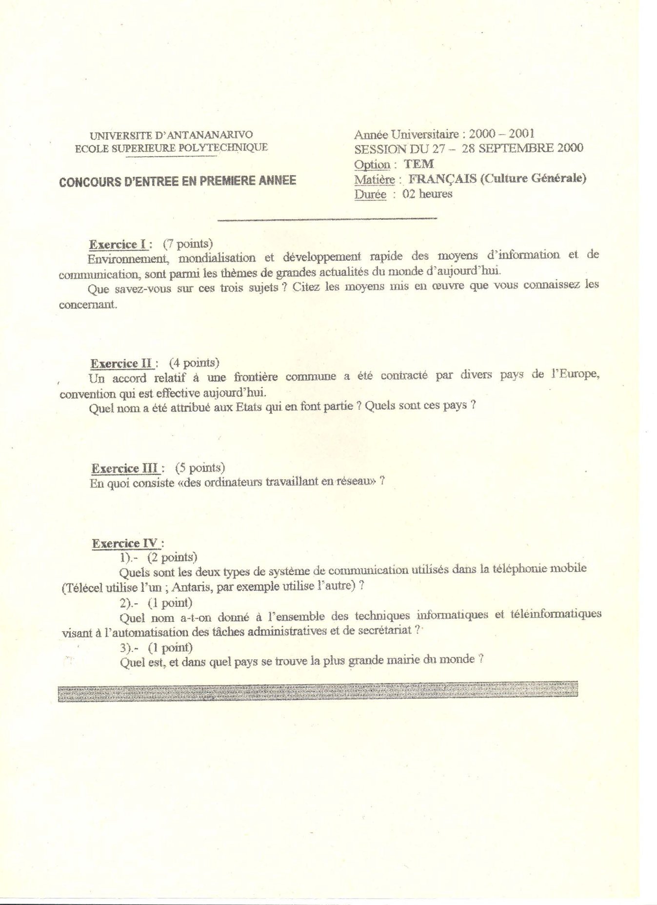 Sujet français concours ESPA Polytechnique Antananarivo session 2000