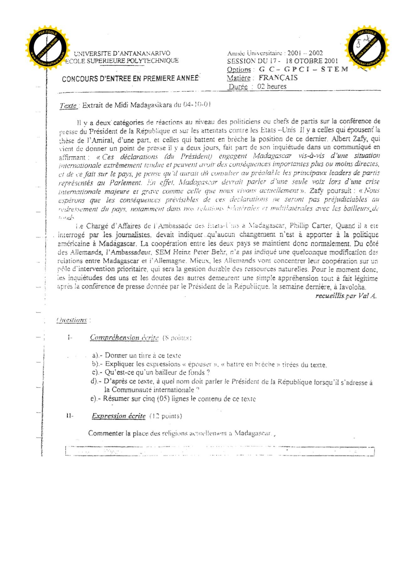 Sujet français concours ESPA Polytechnique Antananarivo session 2001