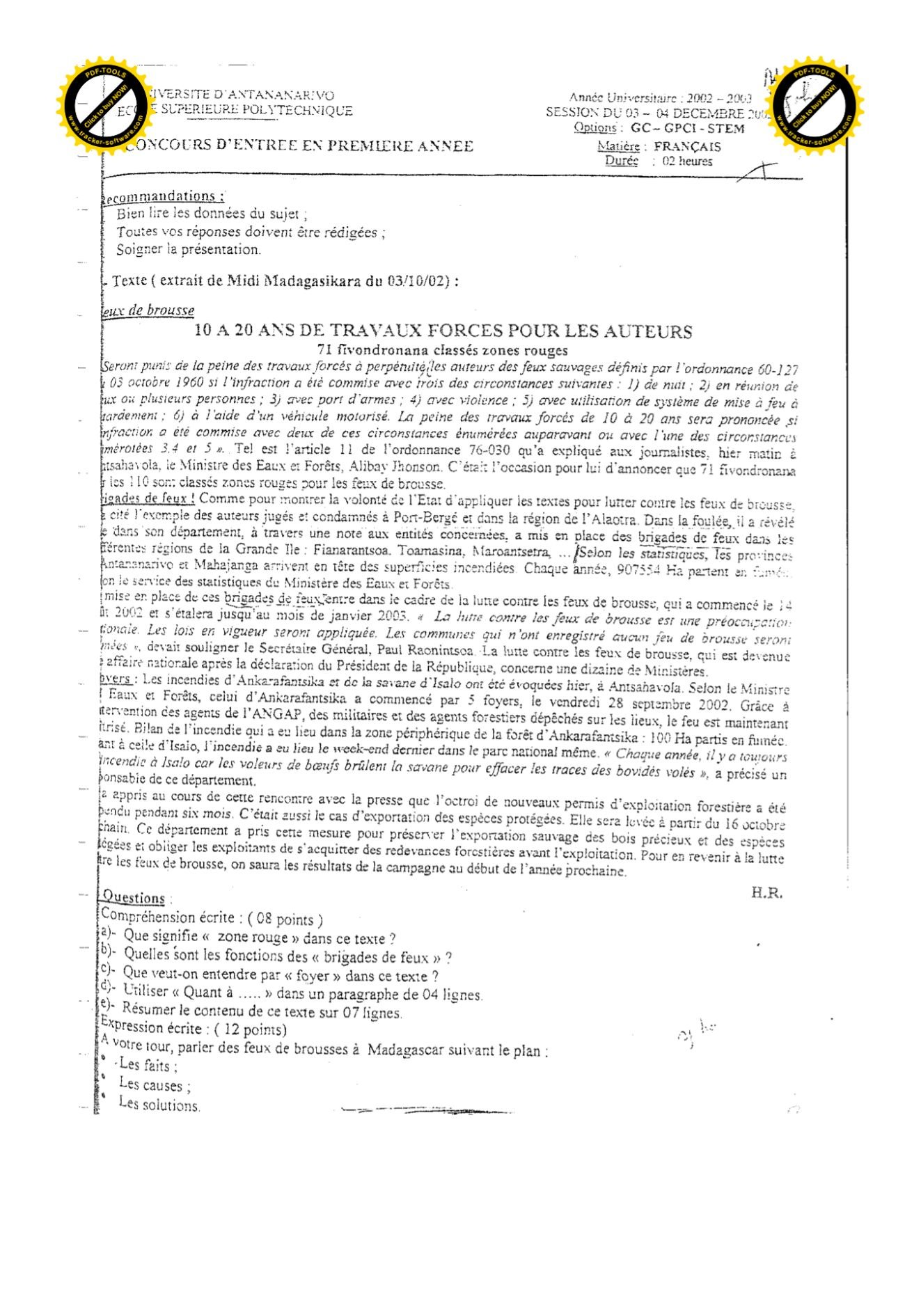 Sujet français concours ESPA Polytechnique Antananarivo session 2002
