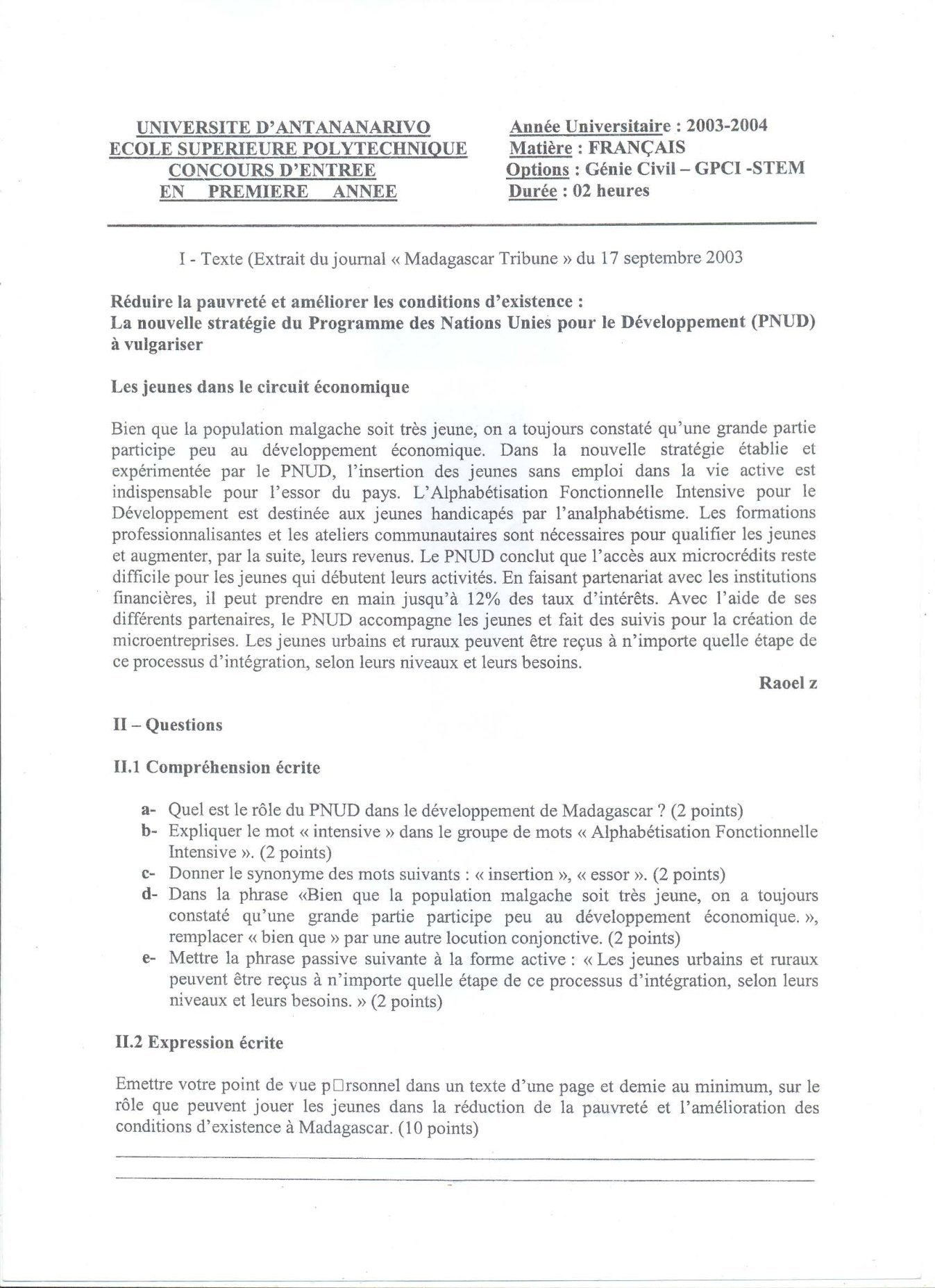 Sujet français concours ESPA Polytechnique Antananarivo session 2003