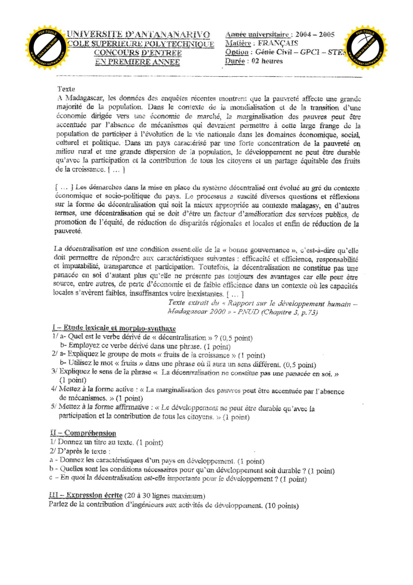 Sujet français concours ESPA Polytechnique Antananarivo session 2004
