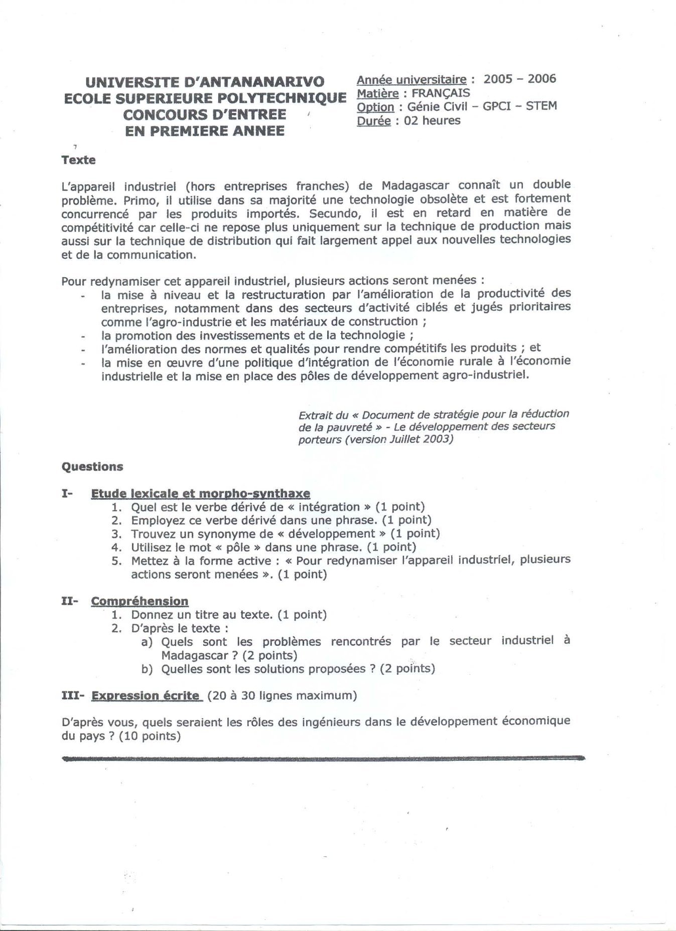 Sujet français concours ESPA Polytechnique Antananarivo session 2005