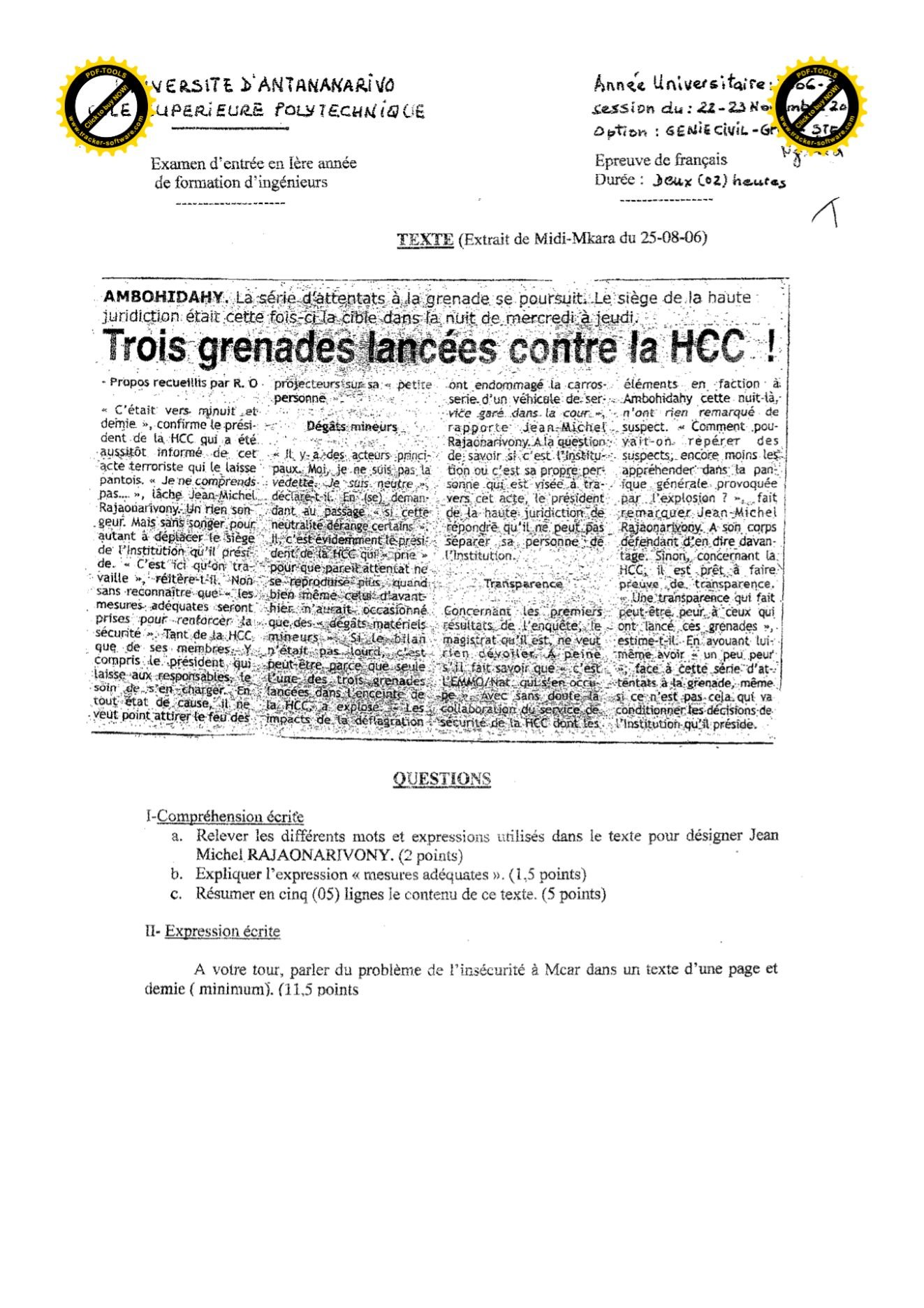 Sujet français concours ESPA Polytechnique Antananarivo session 2006