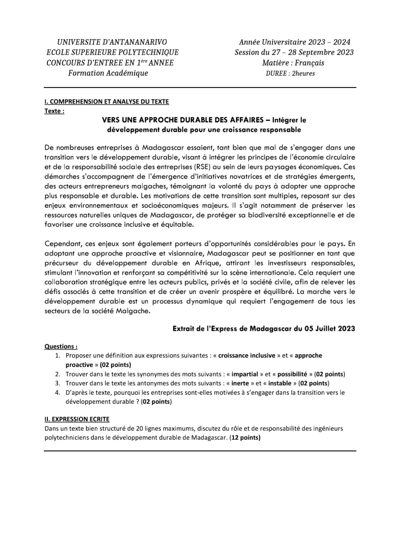 Sujet français concours ESPA Polytechnique Antananarivo session 2023