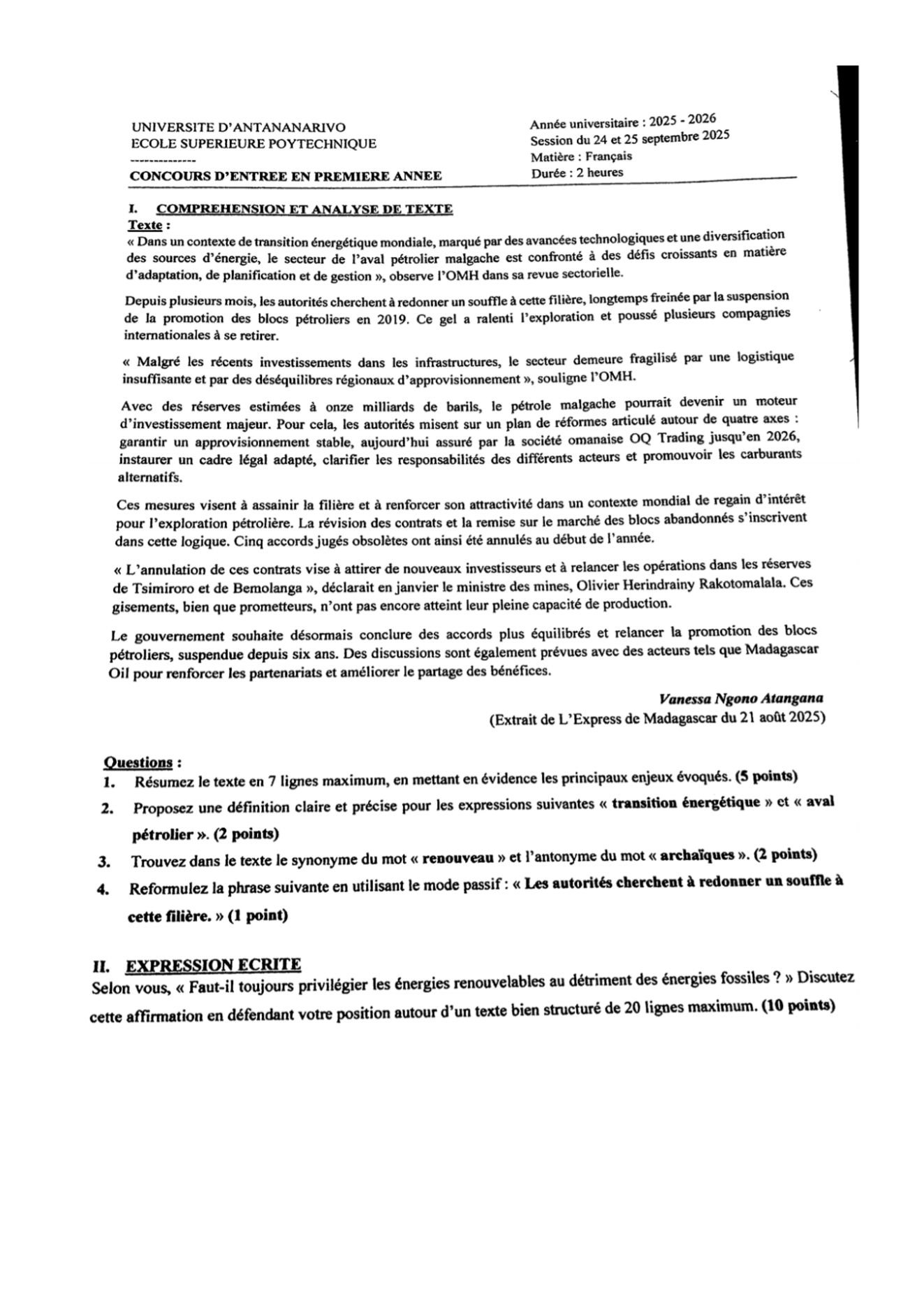 Sujet français concours ESPA Polytechnique Antananarivo session 2025