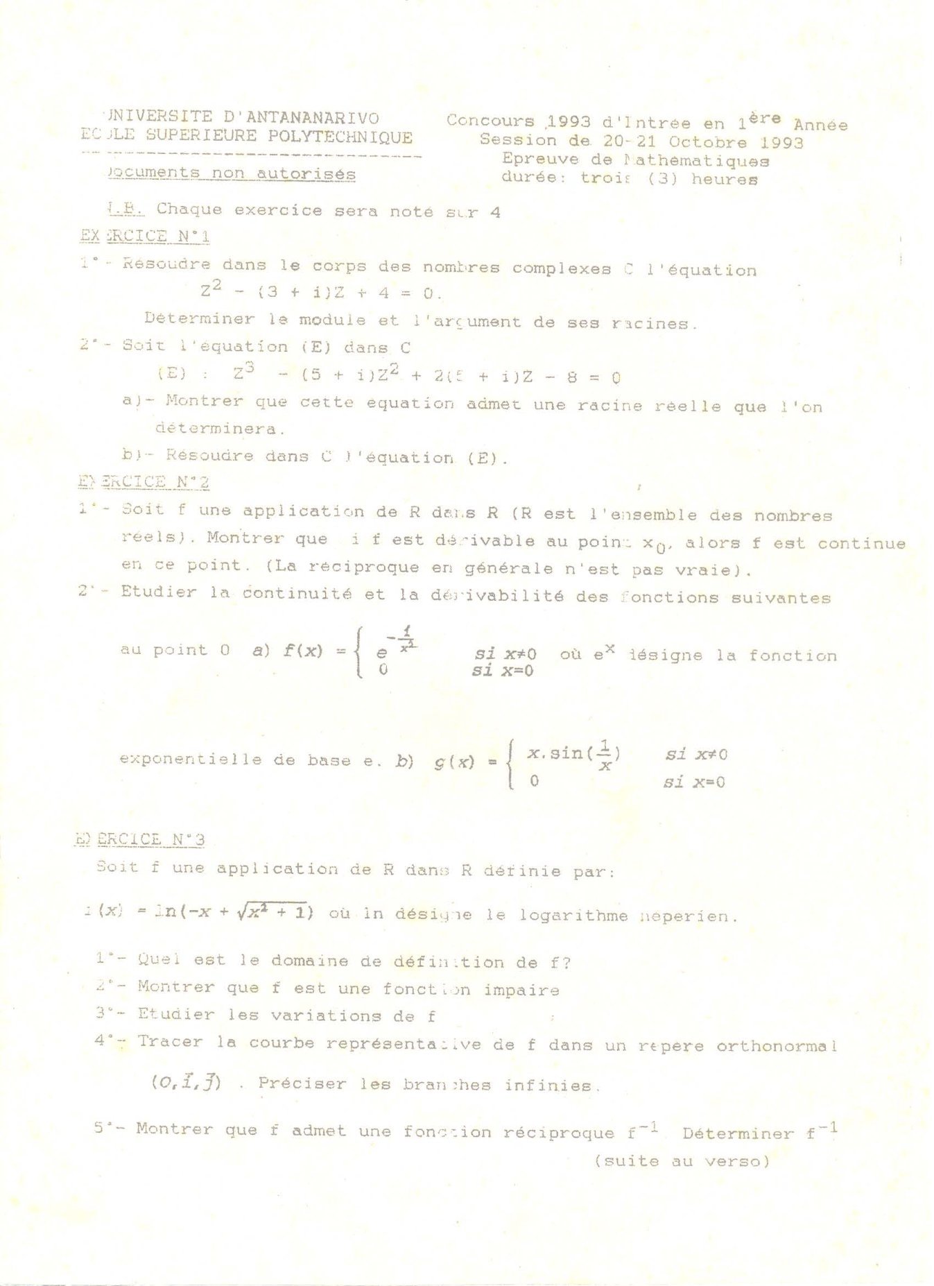 Sujet mathématiques concours ESPA Polytechnique Antananarivo session 1993