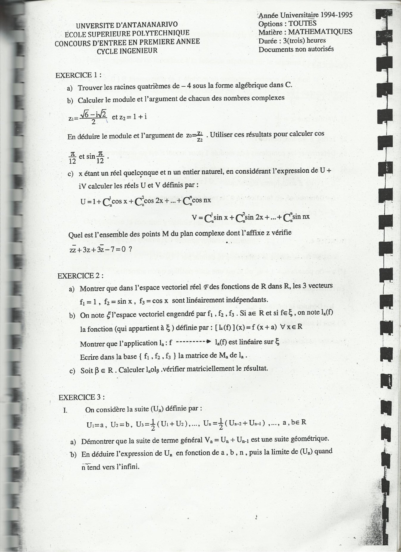 Sujet mathématiques concours ESPA Polytechnique Antananarivo session 1994