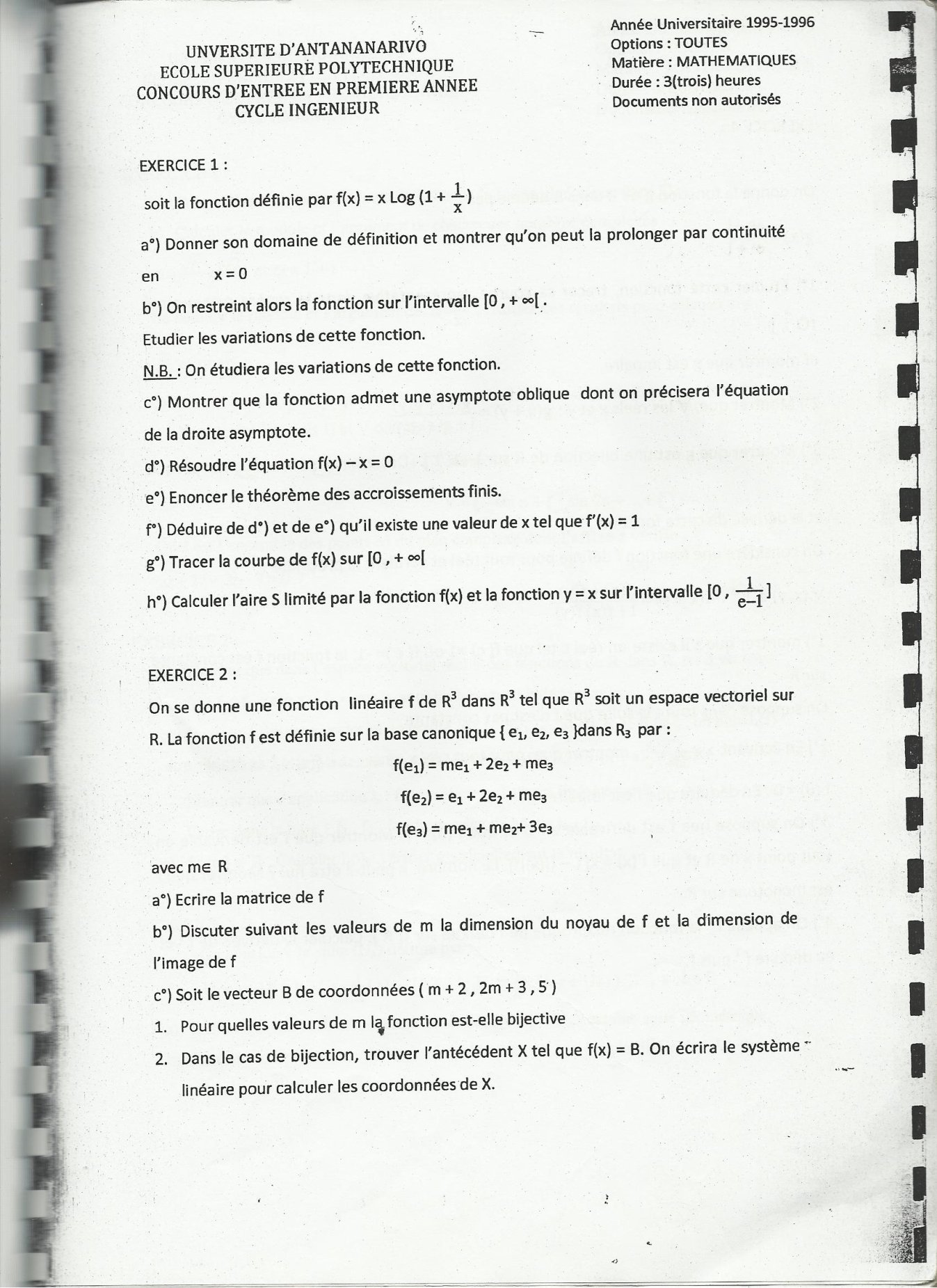 Sujet mathématiques concours ESPA Polytechnique Antananarivo session 1995