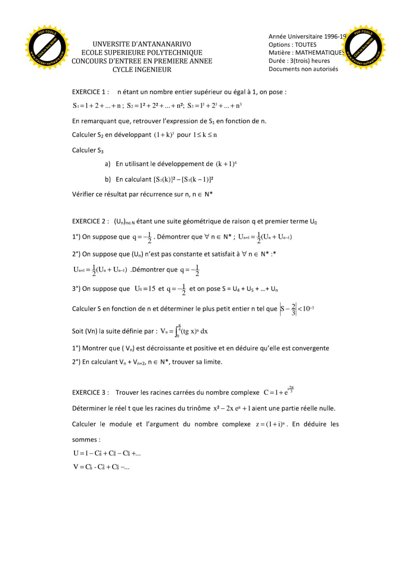 Sujet mathématiques concours ESPA Polytechnique Antananarivo session 1996