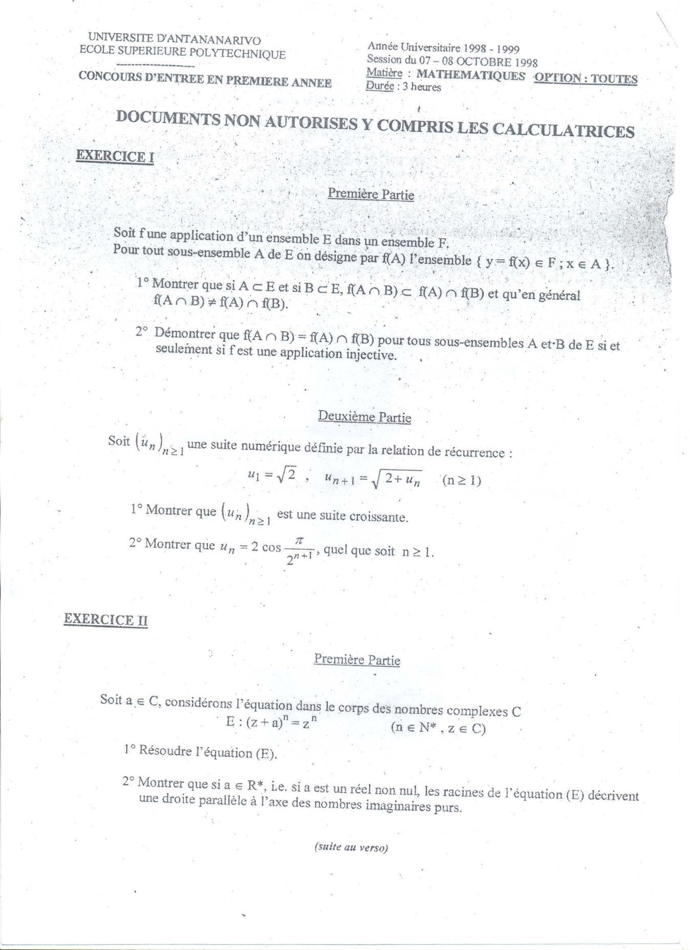 Sujet mathématiques concours ESPA Polytechnique Antananarivo session 1998