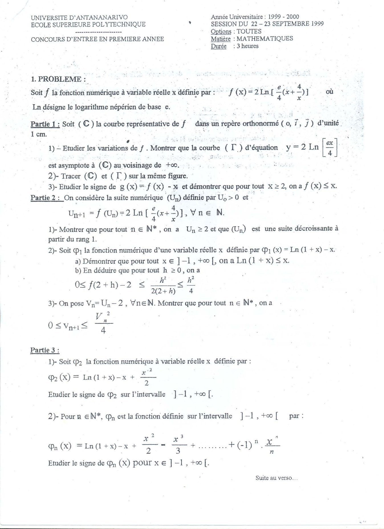 Sujet mathématiques concours ESPA Polytechnique Antananarivo session 1999