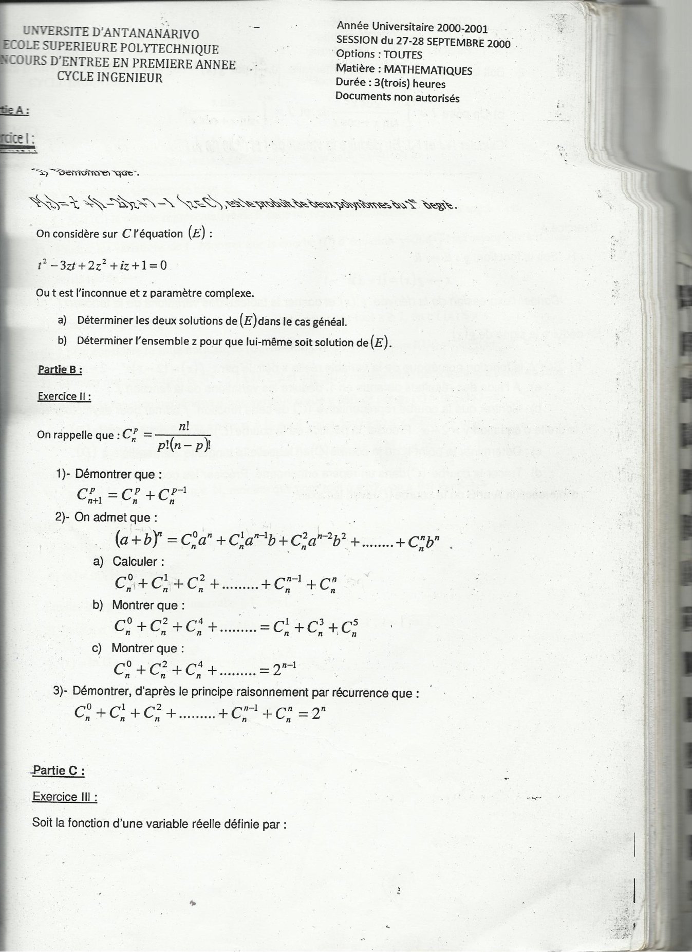 Sujet mathématiques concours ESPA Polytechnique Antananarivo session 2000