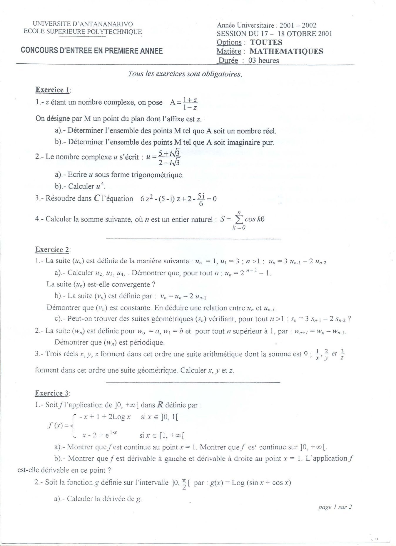 Sujet mathématiques concours ESPA Polytechnique Antananarivo session 2001