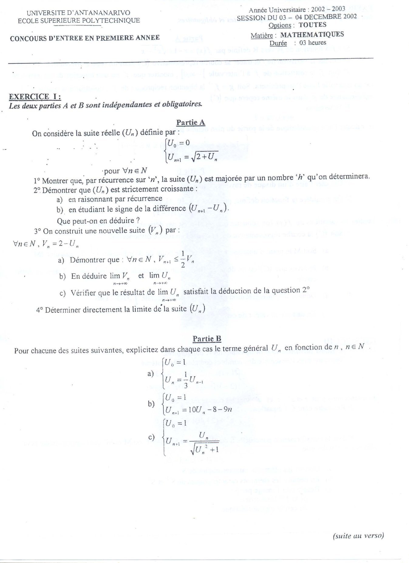 Sujet mathématiques concours ESPA Polytechnique Antananarivo session 2002