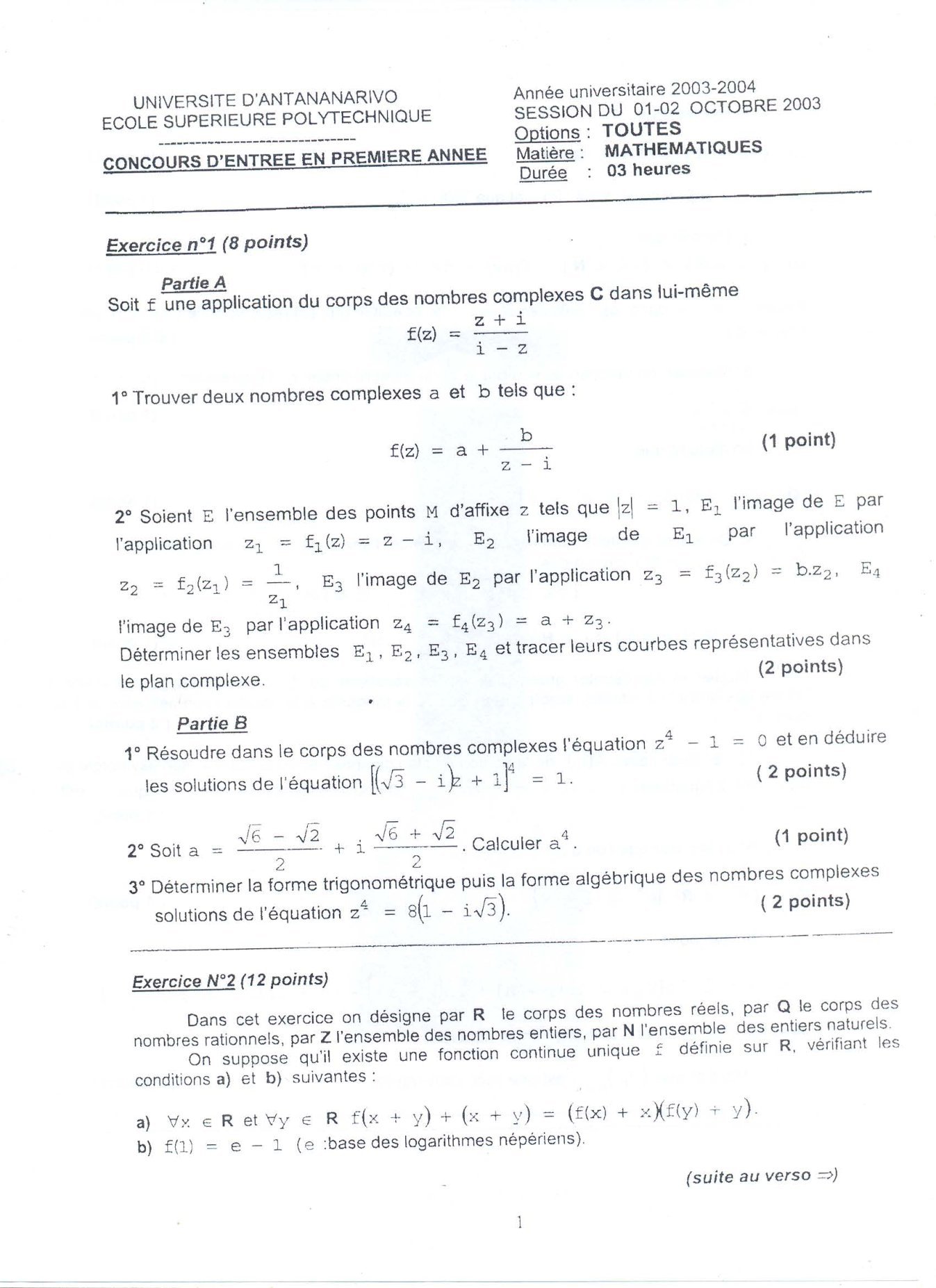 Sujet mathématiques concours ESPA Polytechnique Antananarivo session 2003
