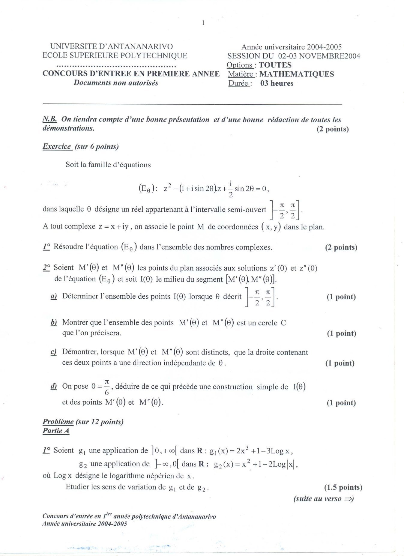Sujet mathématiques concours ESPA Polytechnique Antananarivo session 2004