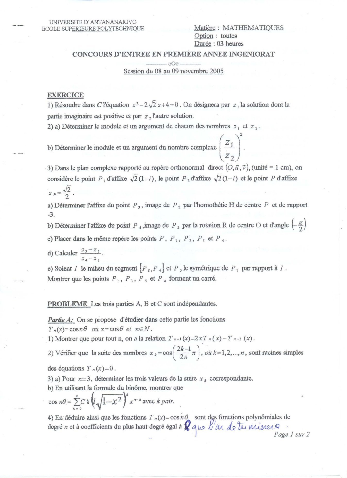 Sujet mathématiques concours ESPA Polytechnique Antananarivo session 2005
