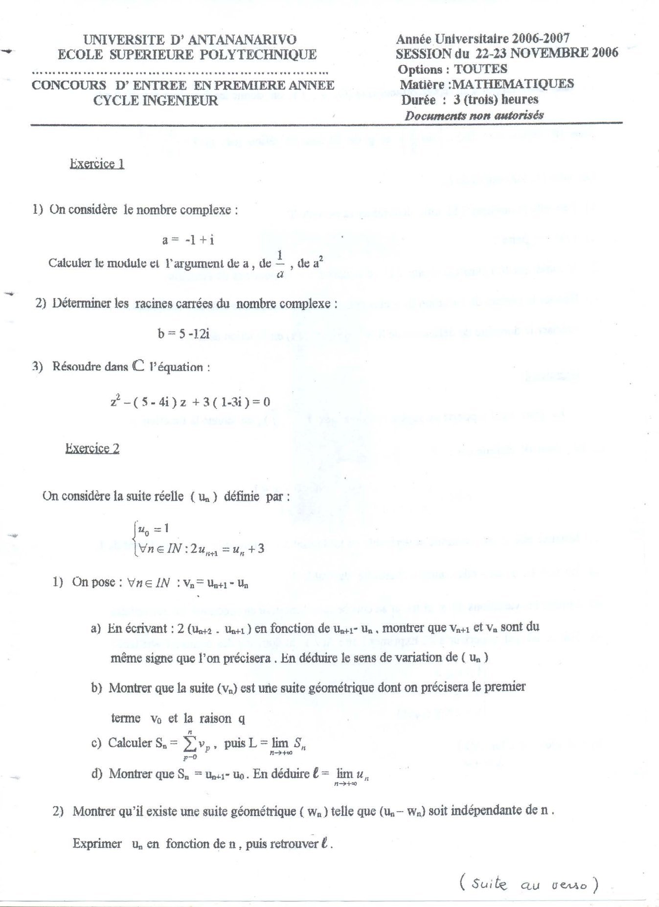 Sujet mathématiques concours ESPA Polytechnique Antananarivo session 2006