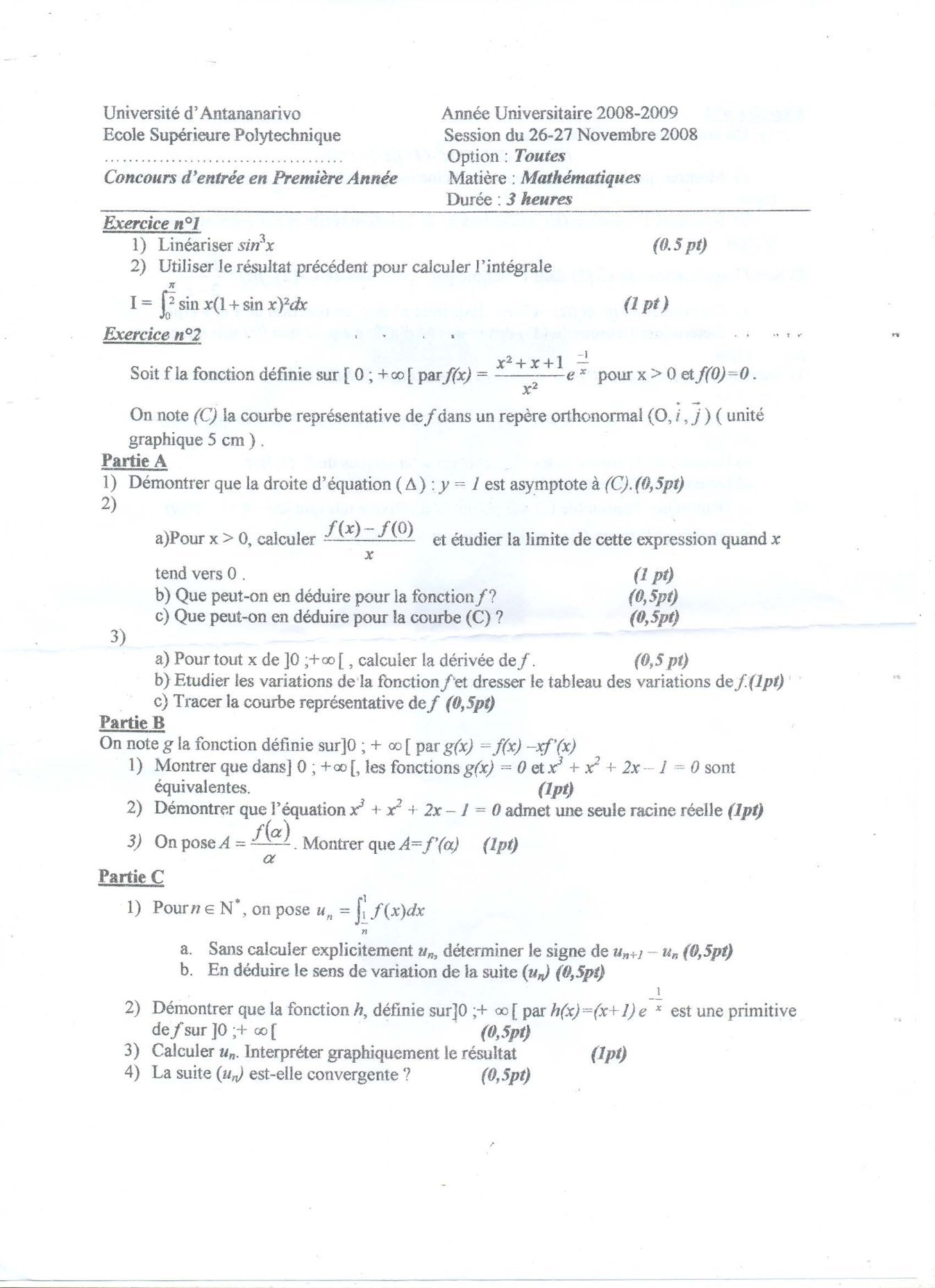 Sujet mathématiques concours ESPA Polytechnique Antananarivo session 2008