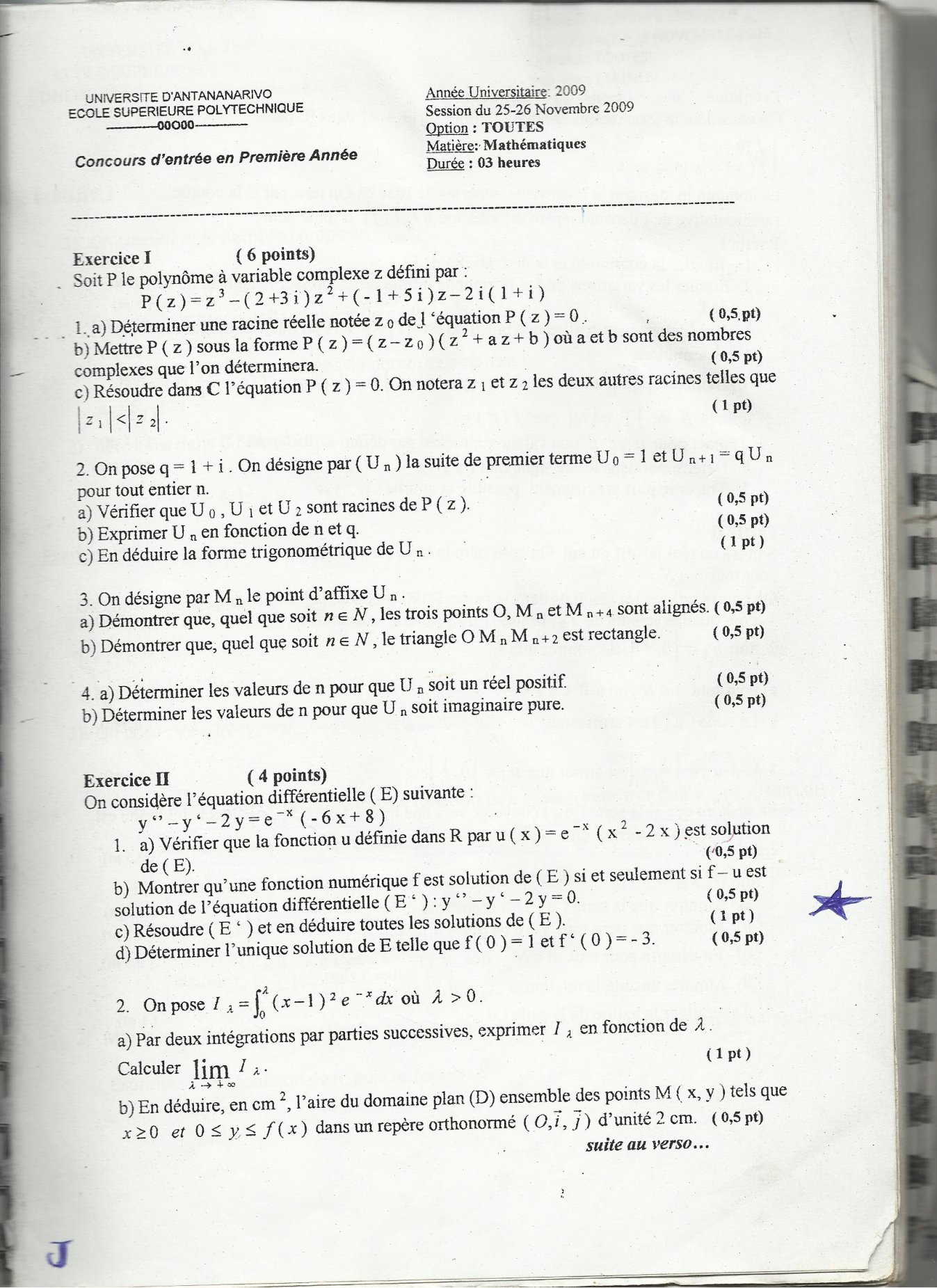 Sujet mathématiques concours ESPA Polytechnique Antananarivo session 2009