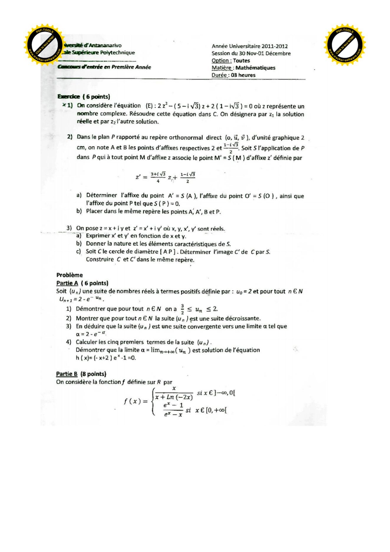 Sujet mathématiques concours ESPA Polytechnique Antananarivo session de décembre 2011