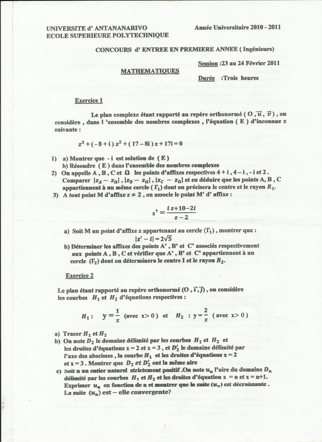 Sujet mathématiques concours ESPA Polytechnique Antananarivo session 2011