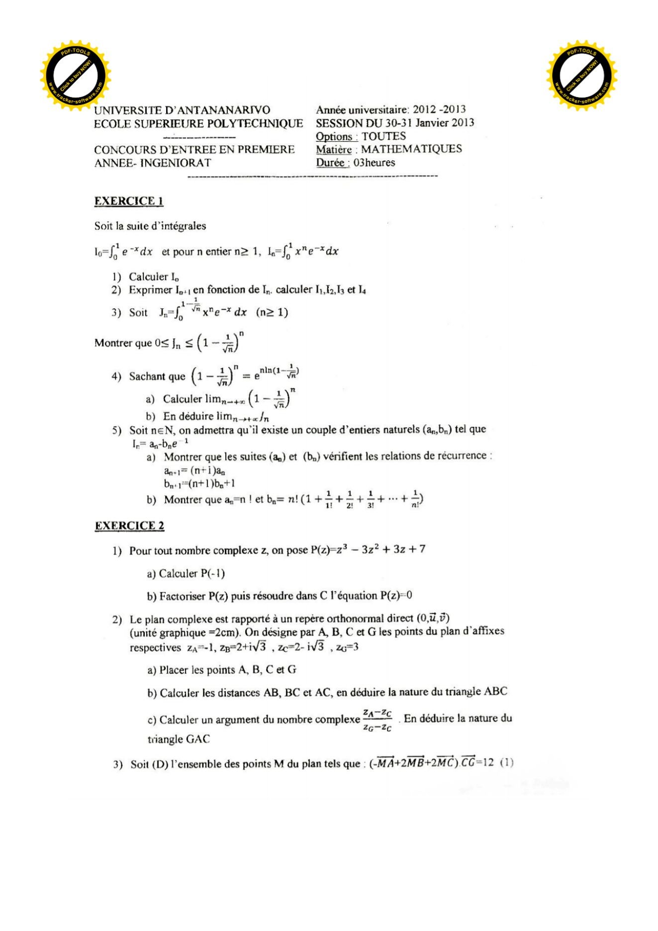 Sujet mathématiques concours ESPA Polytechnique Antananarivo session 2013