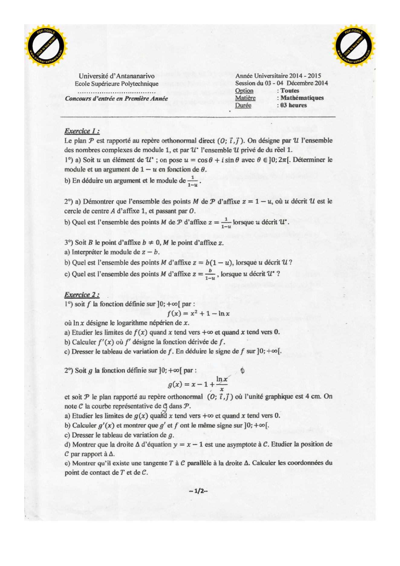 Sujet mathématiques concours ESPA Polytechnique Antananarivo session de décembre 2014