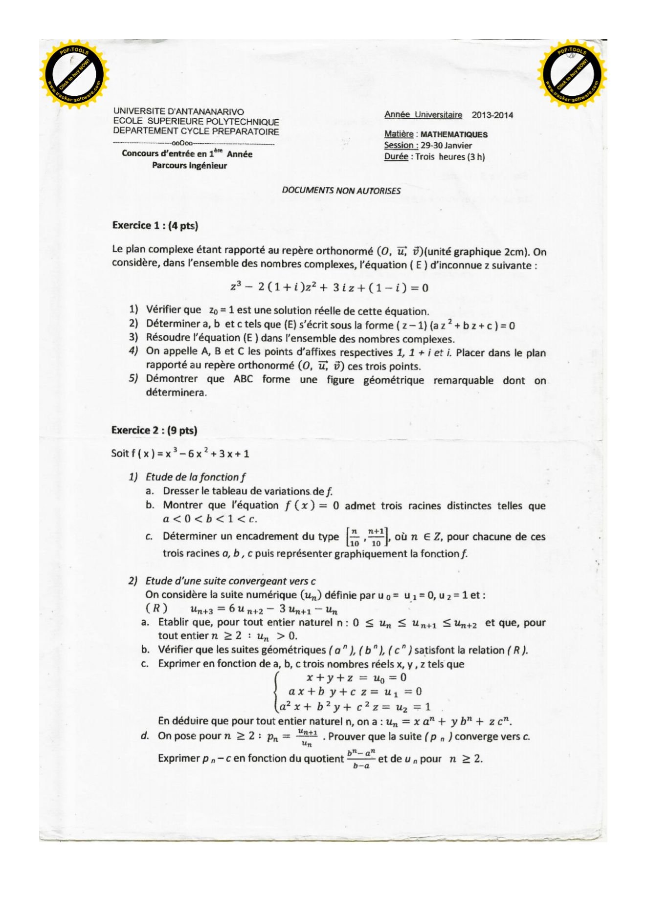 Sujet mathématiques concours ESPA Polytechnique Antananarivo session 2014