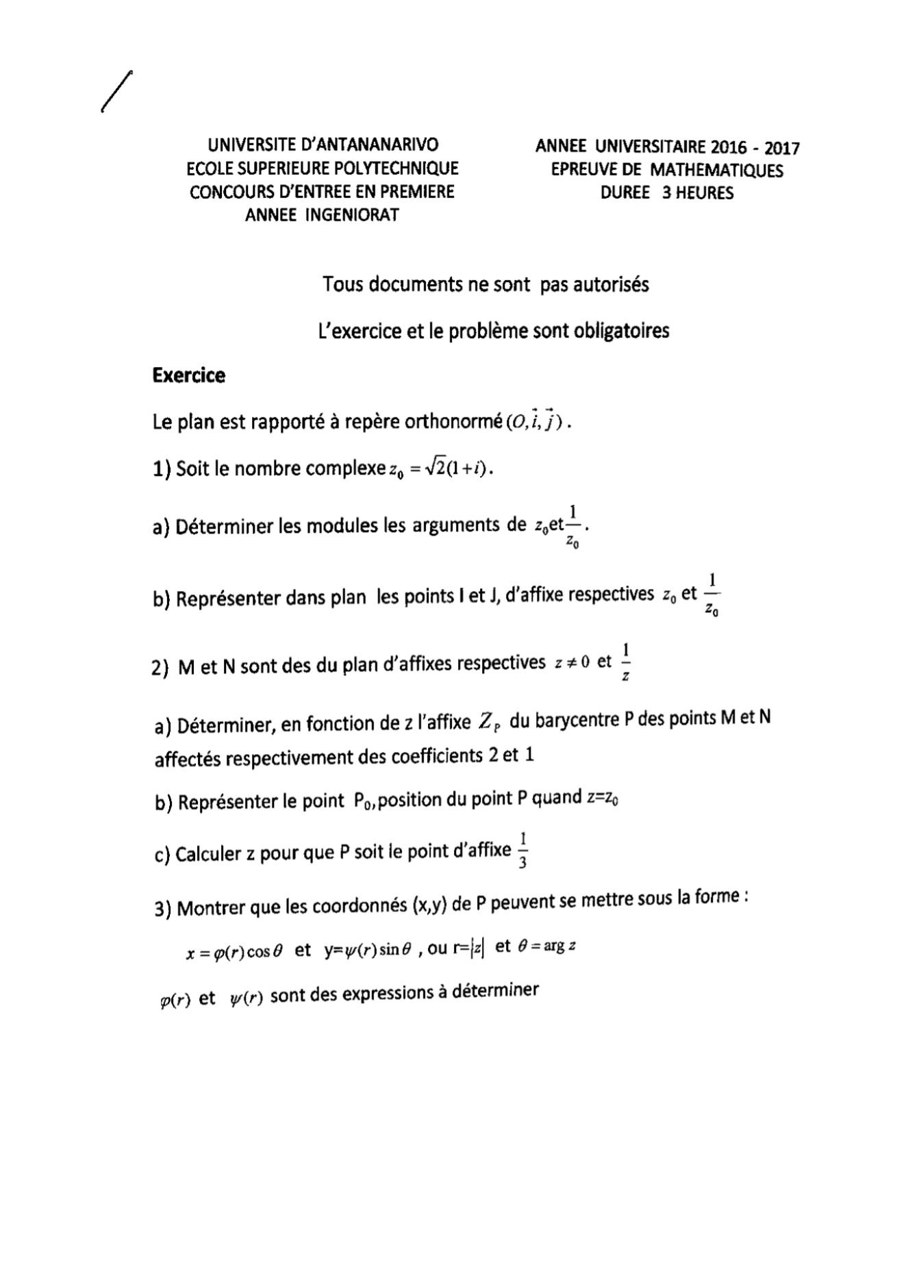 Sujet mathématiques concours ESPA Polytechnique Antananarivo session 2016