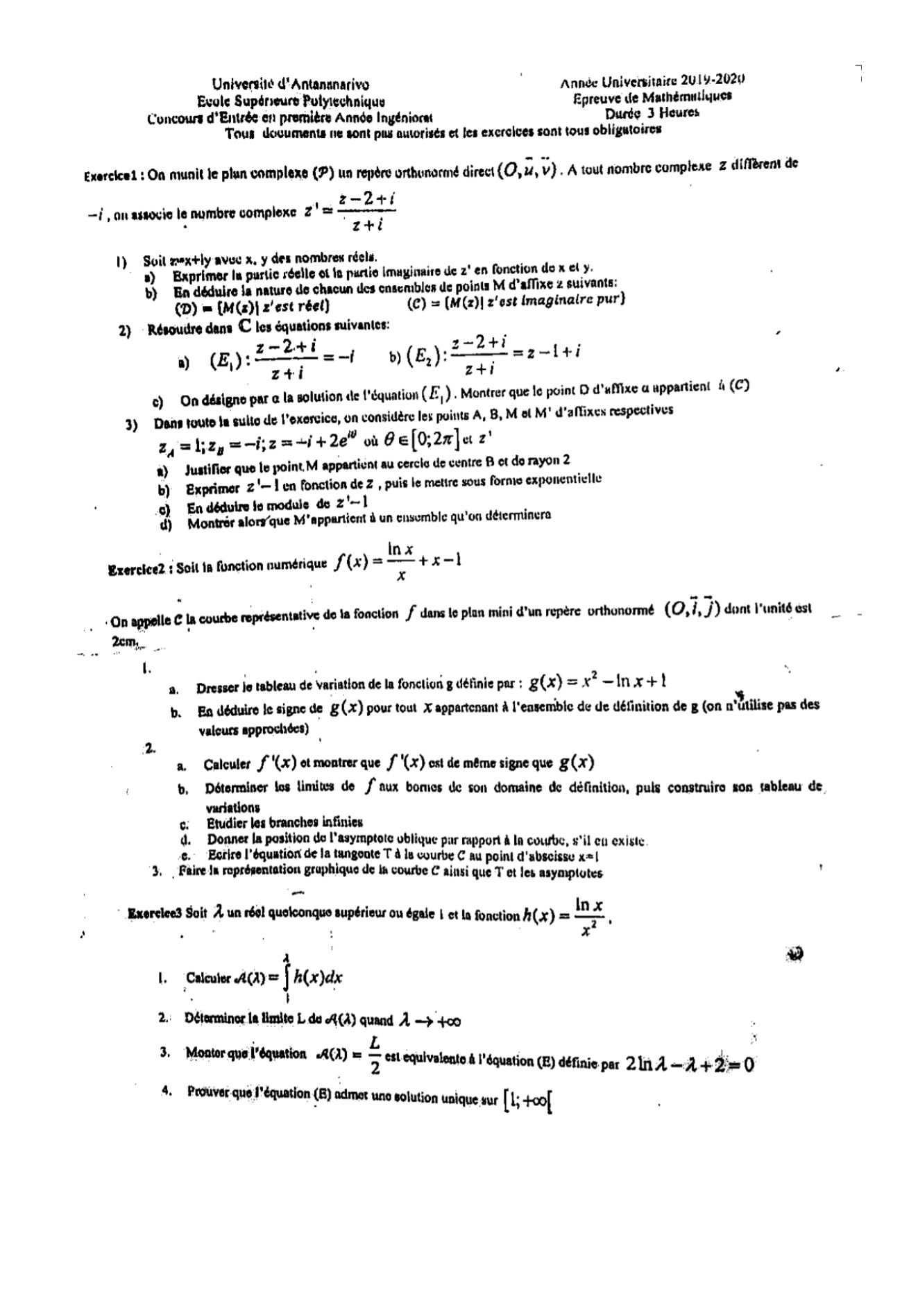 Sujet mathématiques concours ESPA Polytechnique Antananarivo session 2019-2020